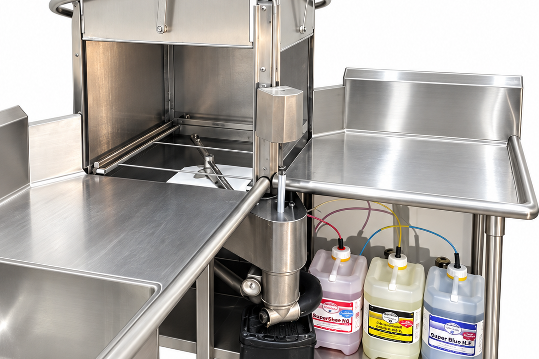 Commercial hood-type dishwasher with stainless-steel clean and soiled side tables, chemical dispensing equipment, and three warewashing chemical containers underneath.