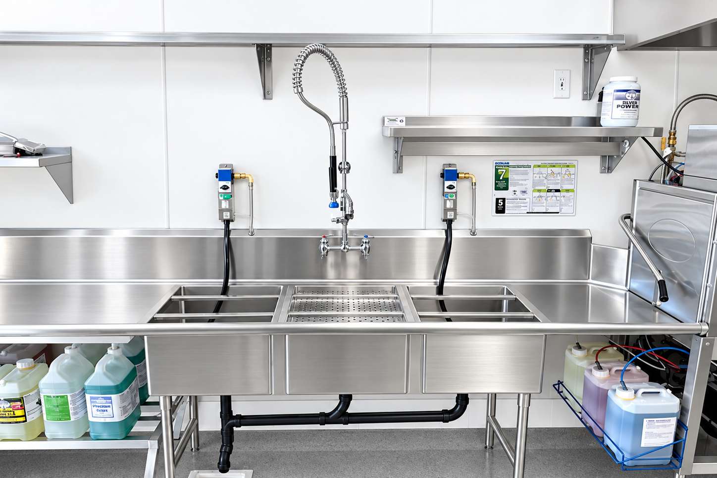 Commercial stainless-steel three-compartment warewashing sink with pre-rinse sprayer, chemical dispensing equipment, and warewashing chemical containers stored beneath the station.