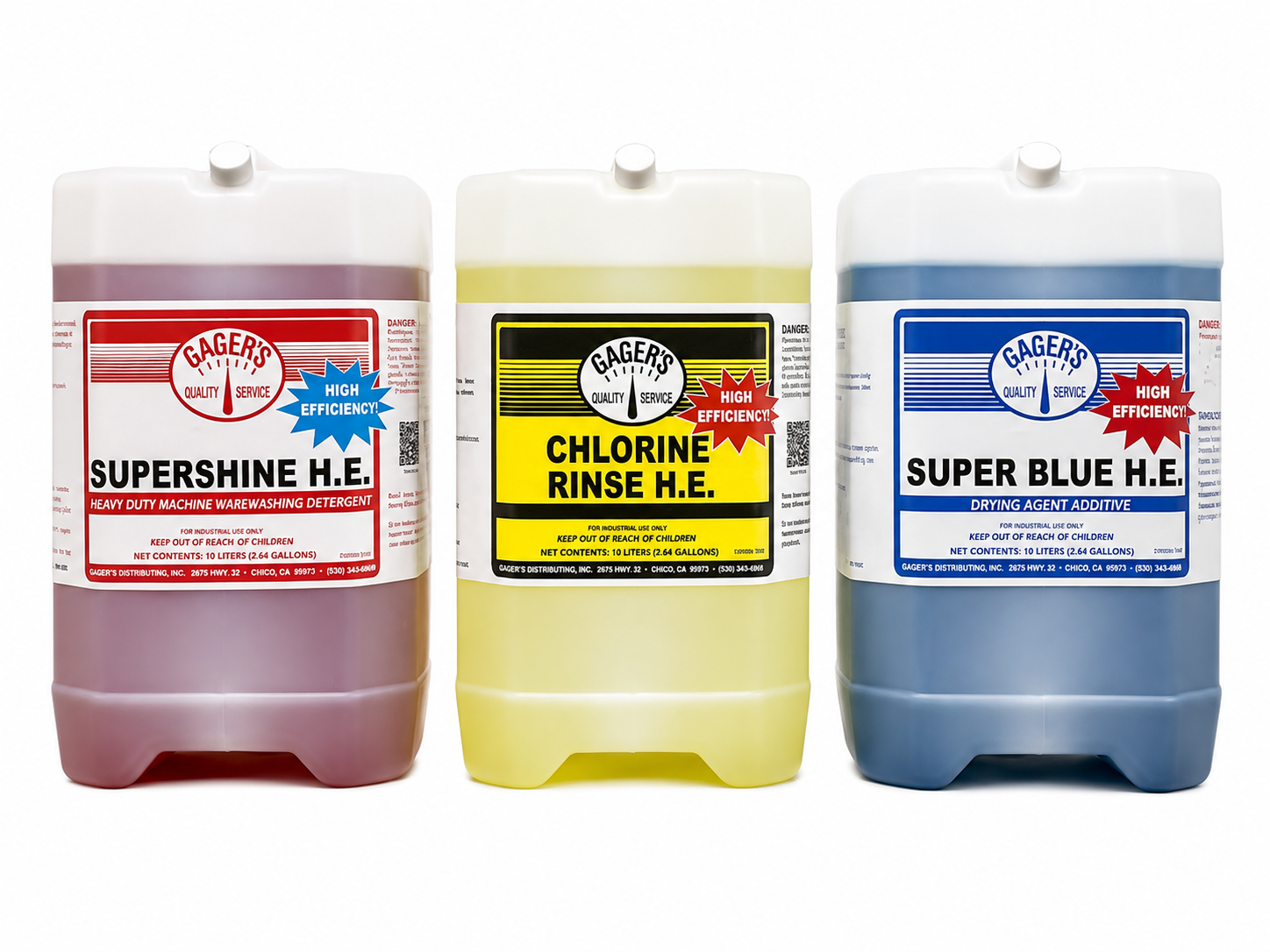 upershine H.E. warewashing detergent, Chlorine Rinse H.E. sanitizer, and Super Blue H.E. drying agent in commercial chemical containers.