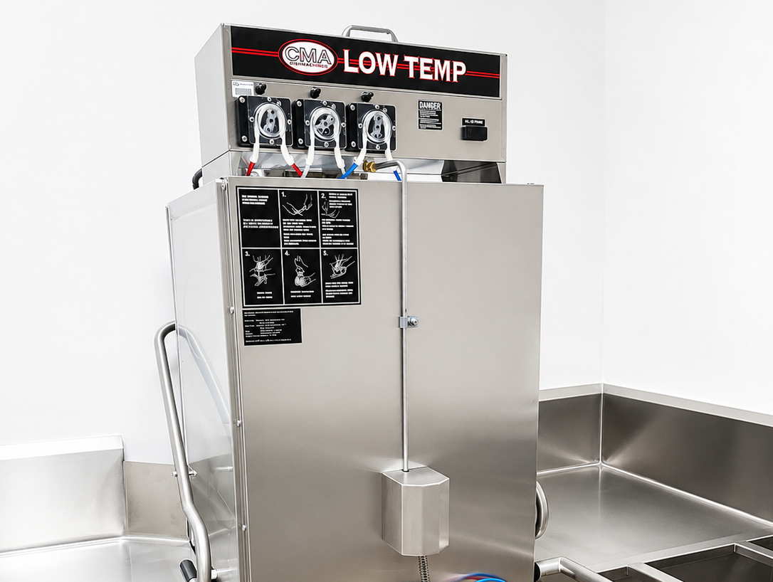 CMA Low Temp commercial dishwasher installed in a clean stainless-steel warewashing station with chemical dispensing system