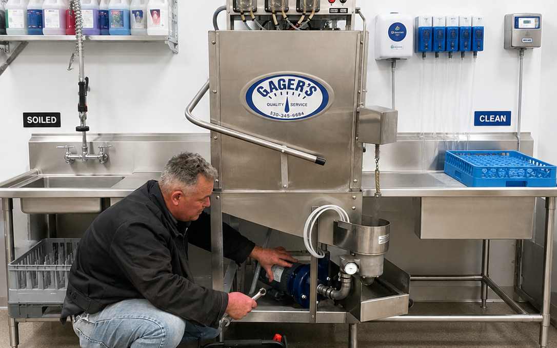 Gager’s service technician maintaining a commercial dishwasher with attached clean and soiled dish tables in a professional kitchen.